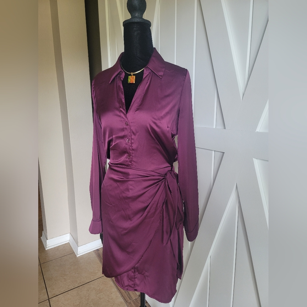 Guess Satin Wrap-Style Shirt Dress – Purple – XS